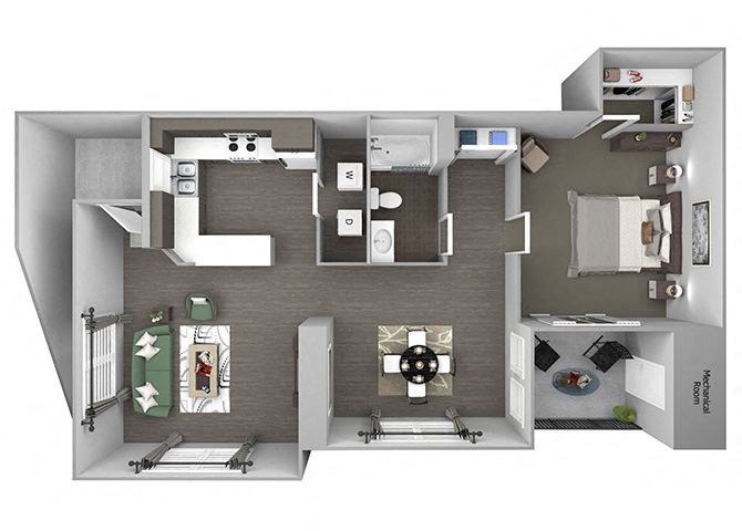Floor plan for 1 bed, 1 bath, 927 sqft